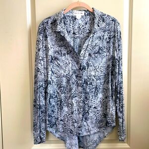 Python print button-down blouse from Anthropologie.